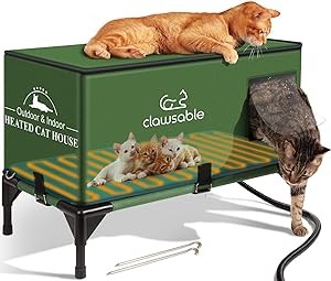 Elevated Base Heated Cat House for Outdoor Cat in Winter, Waterproof & Insulated Feral Cat House Weatherproof Heated Cat Shelter Kitty Bed with Pet Heating Pad, Warm House for Outside Stray Barn Cat
