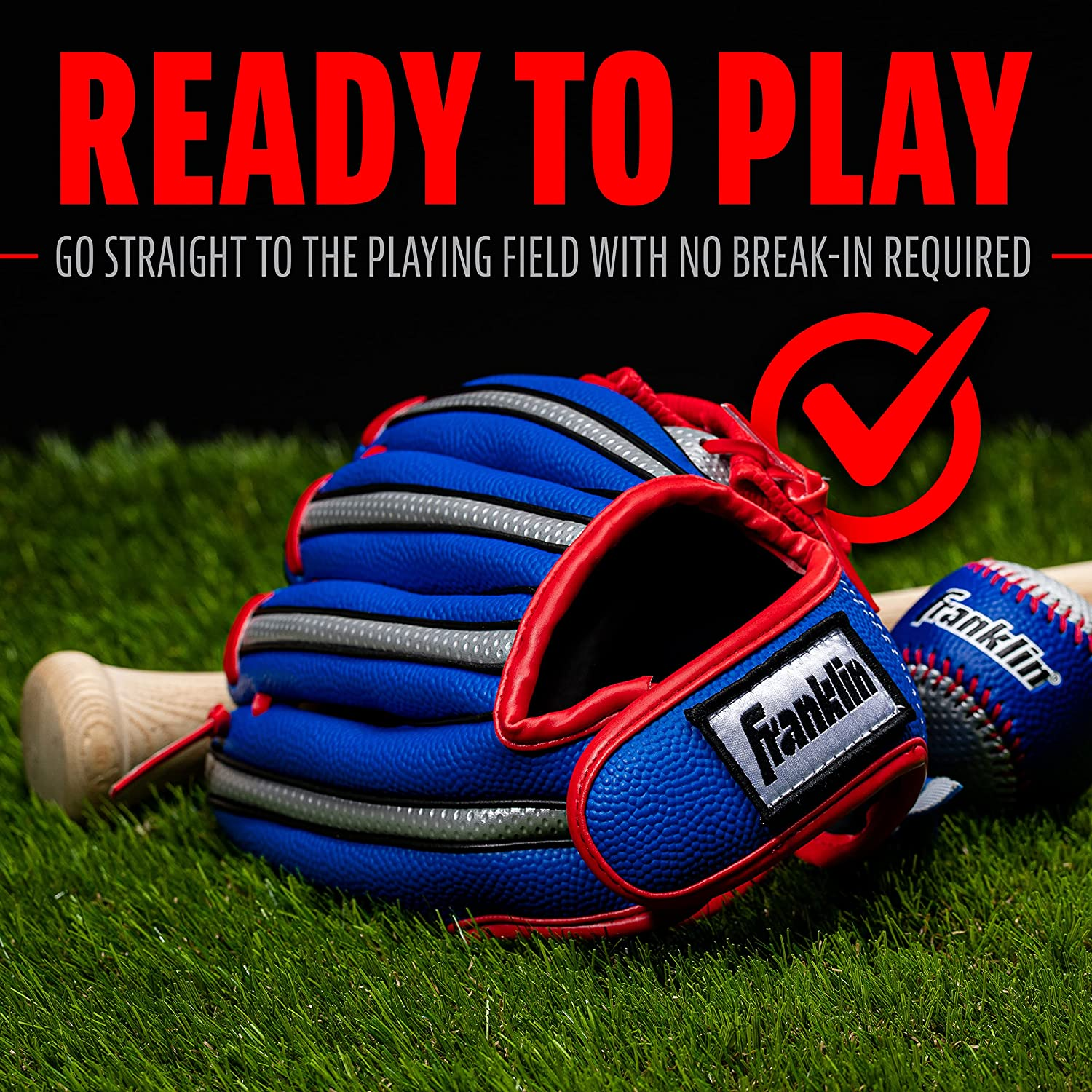 Franklin Sports Kids Baseball Glove + Ball Set - Air Tech Youth Teeball Glove - Boys + Girls Children's Glove + Ball - Right Hand Throw - Red/Blue - 9"